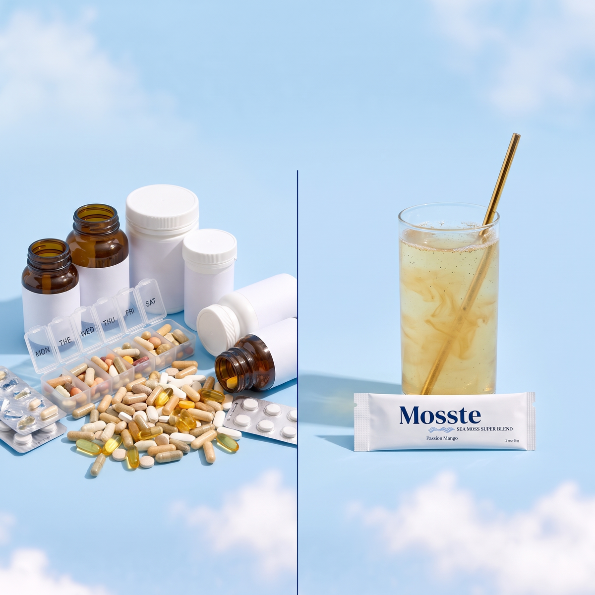 A row of supplement bottles next to a single Mosste sachet