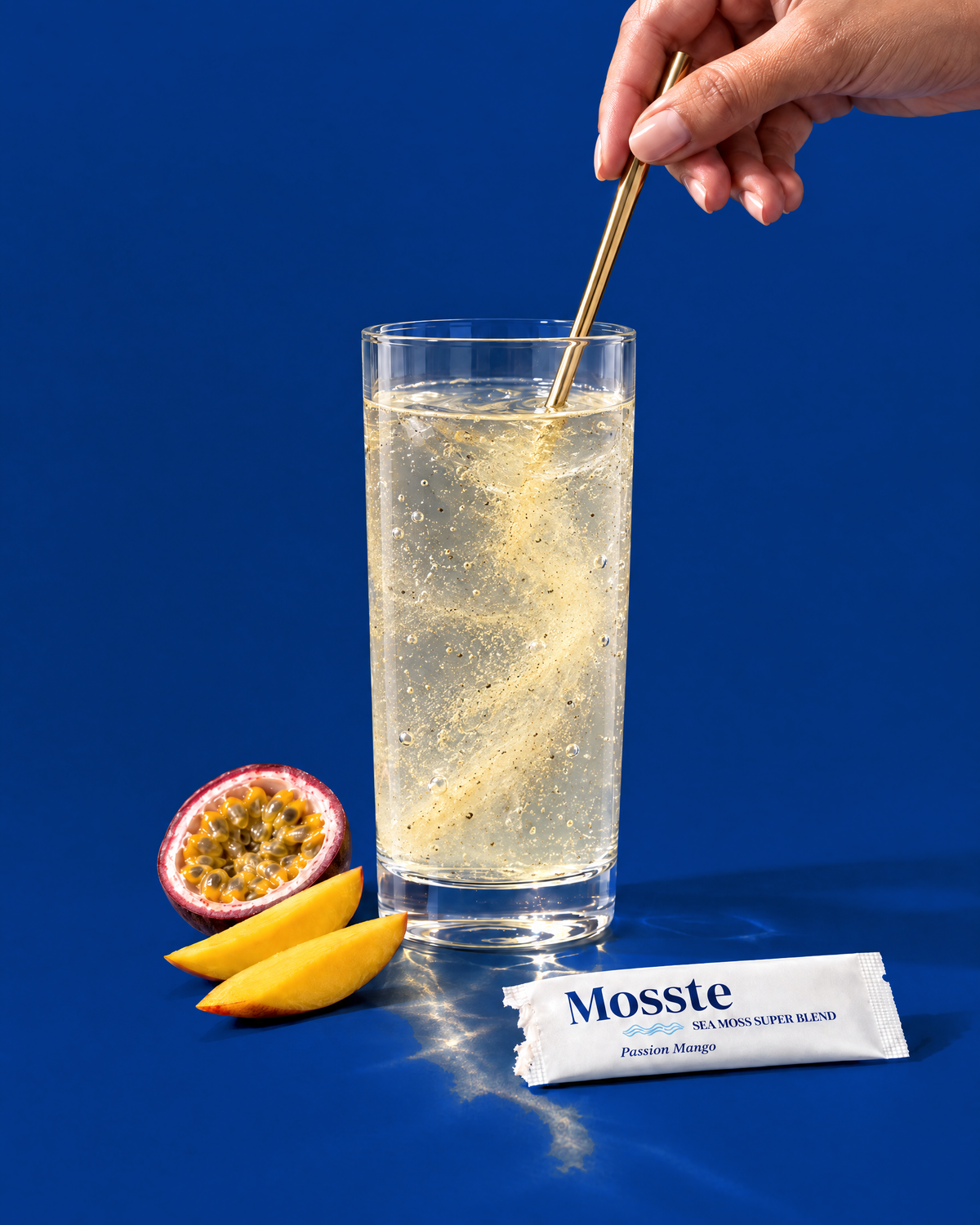Mango and passionfruit beside a Mosste sachet