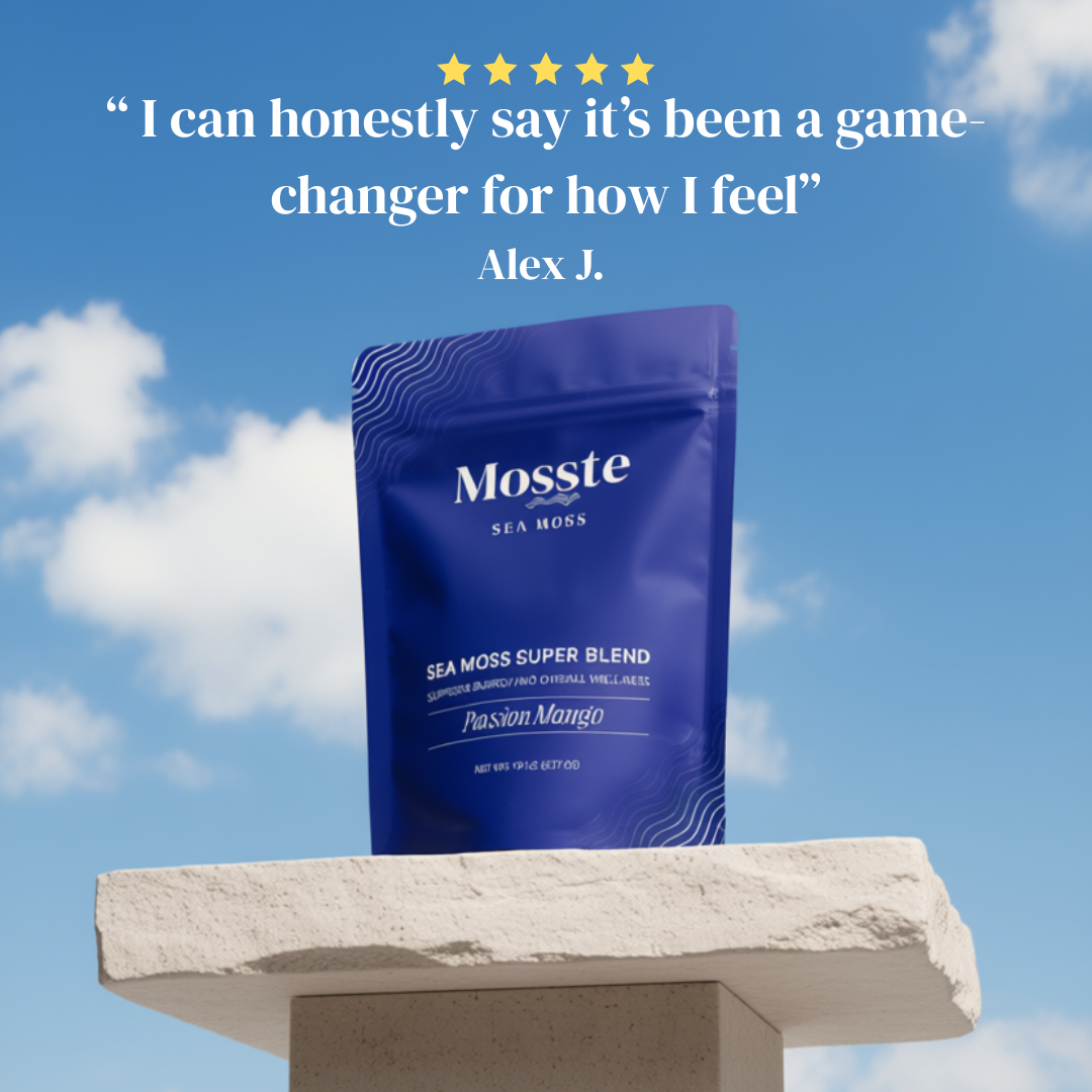 A Mosste sea moss sachet floating against a blue sky
