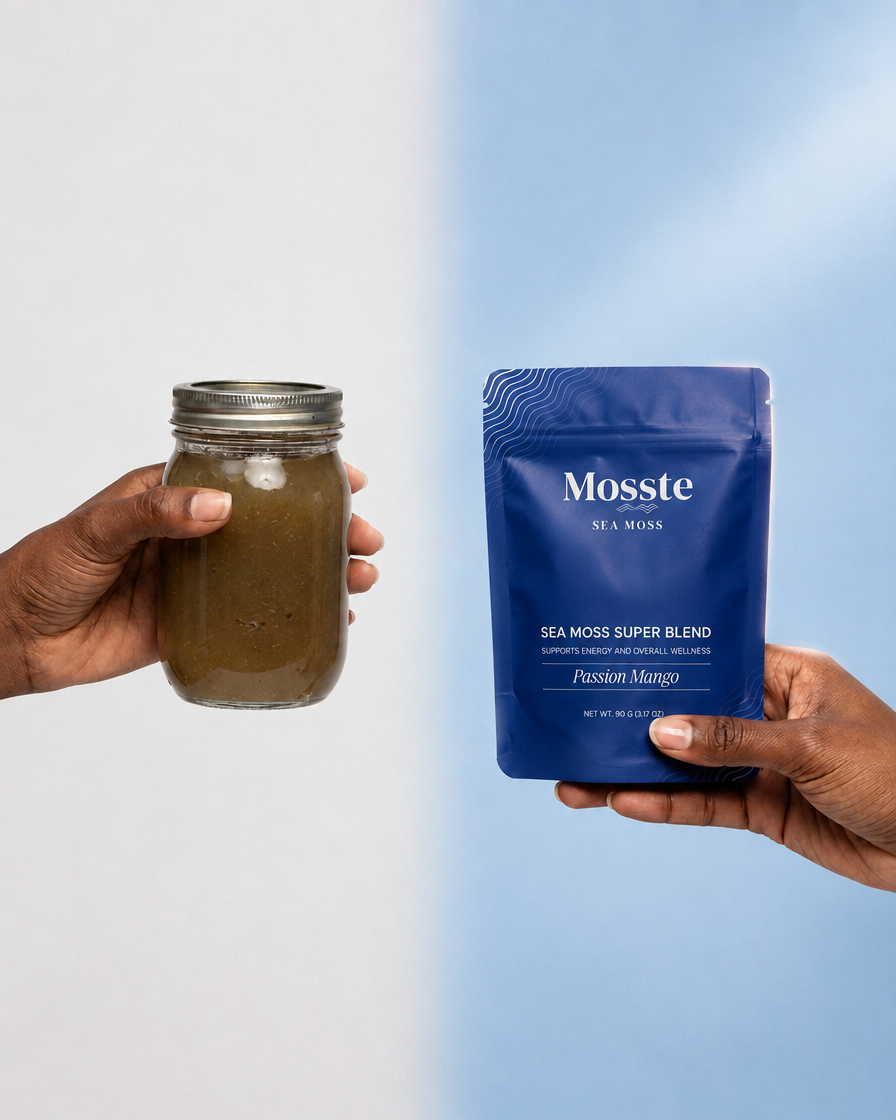 Chart: a jar of sea moss gel lasts about four weeks once opened, a Mosste sachet keeps for twelve months
